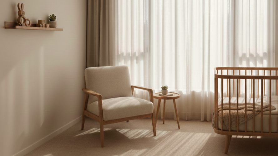 Šviesus minimalistinis vaiko kambarys su medine lovyte ir foteliu
